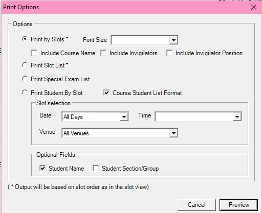 Print Options window
