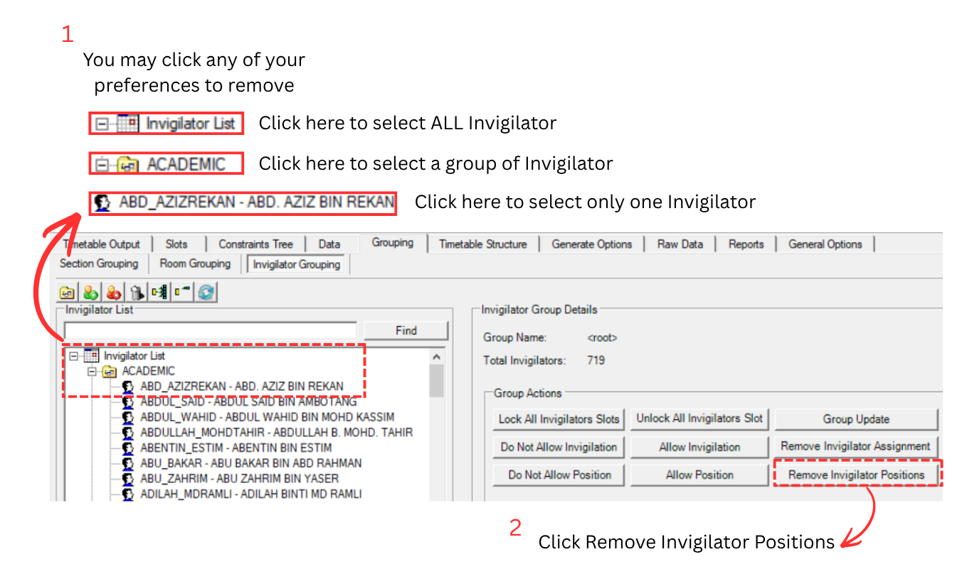 Remove Position from Invigilator at Invigilator Grouping