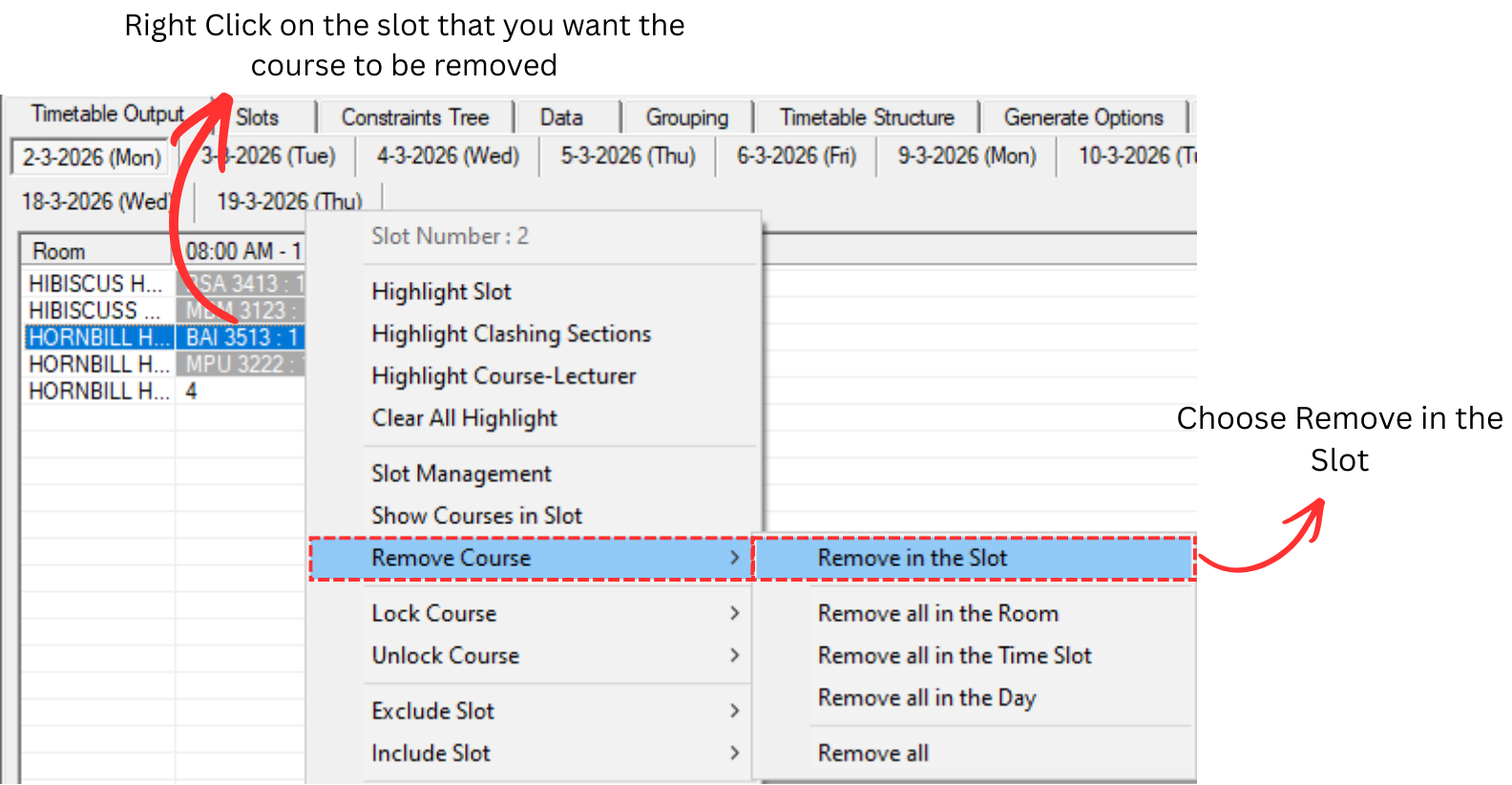 Remove Course at Timetable Output