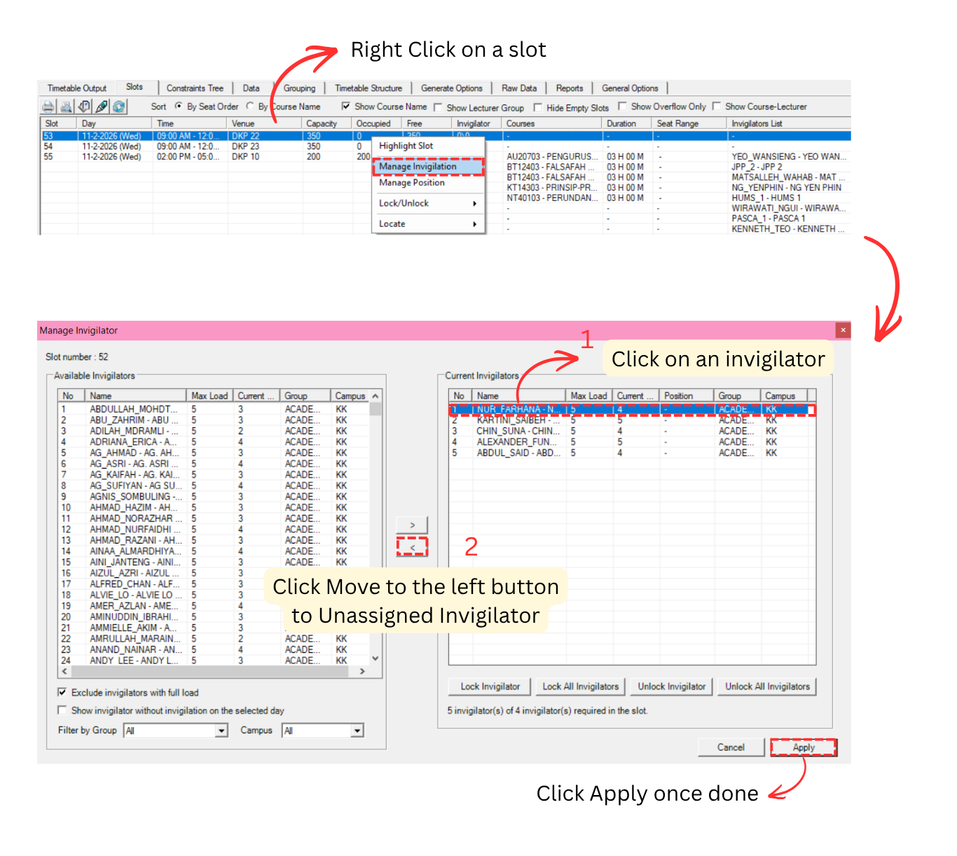 Remove Invigilator from Slot at Manage Invigilation