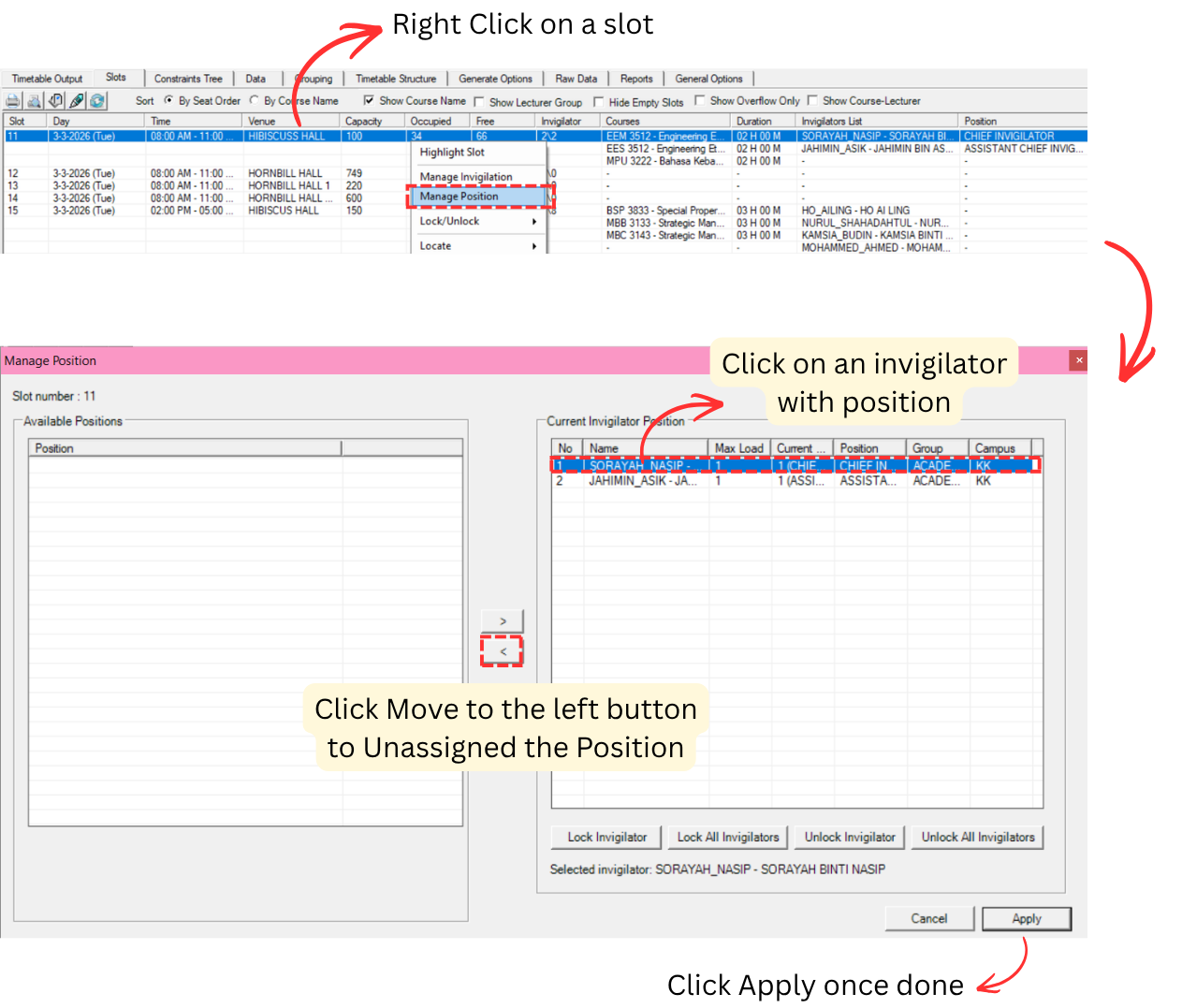Remove Position from Invigilator at Slots