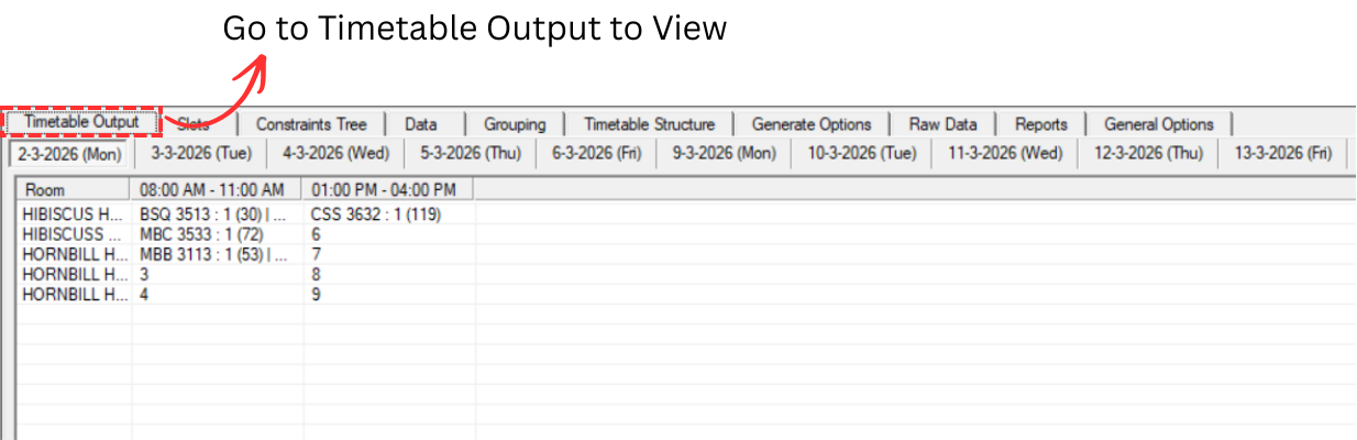 Timetable Output showing generated courses in the schedule