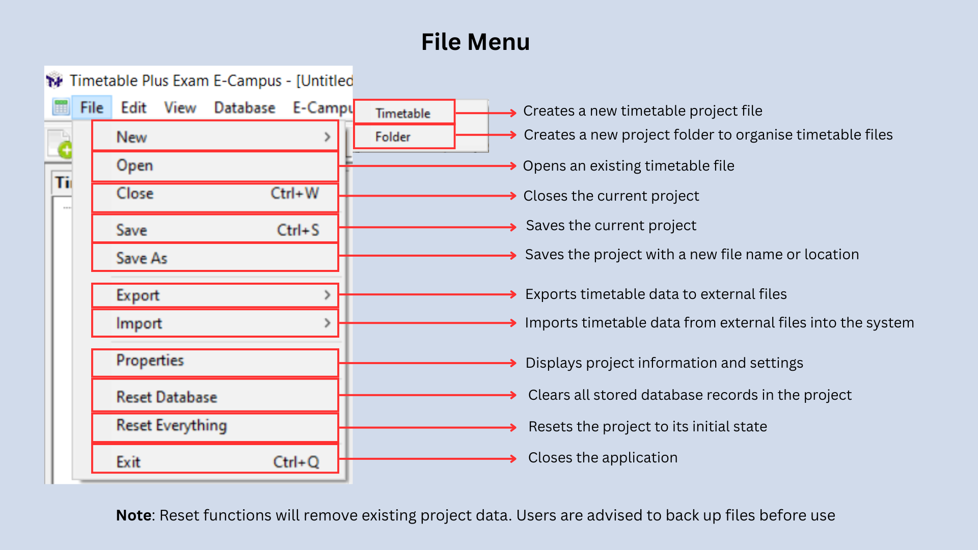 File menu options