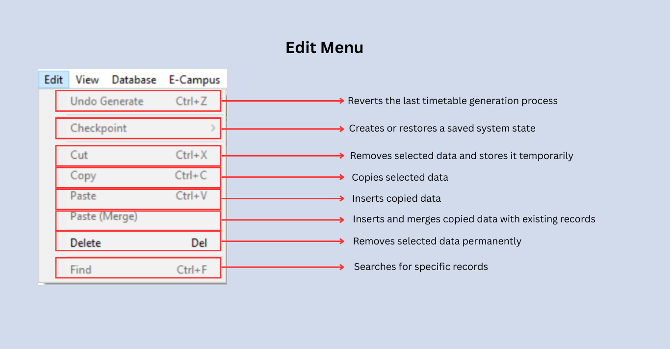 Edit menu options