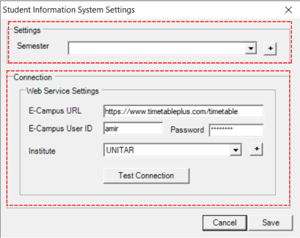 E-Campus Settings pop-up window