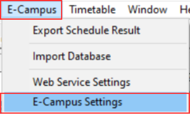 E-Campus drop-down menu showing E-Campus Settings option