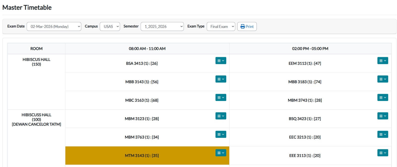 Master Timetable view in TPlus Campus