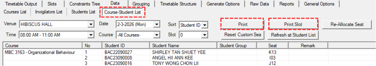 Print and Print Slot at Course-Student List
