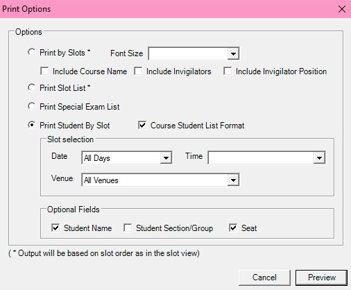 Print Options window for Print Slot