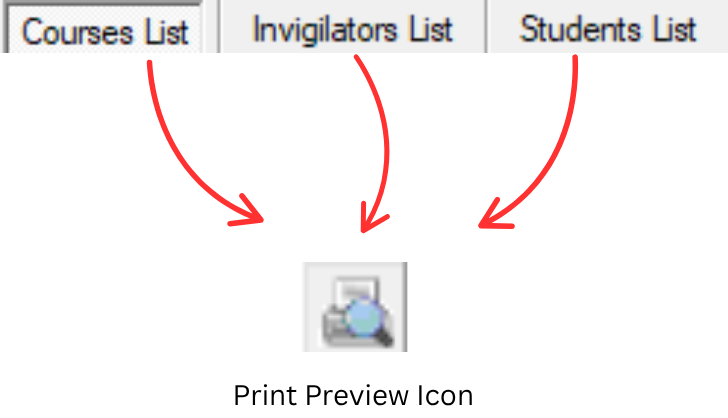 Print Preview Icon at Course, Invigilators and Students List