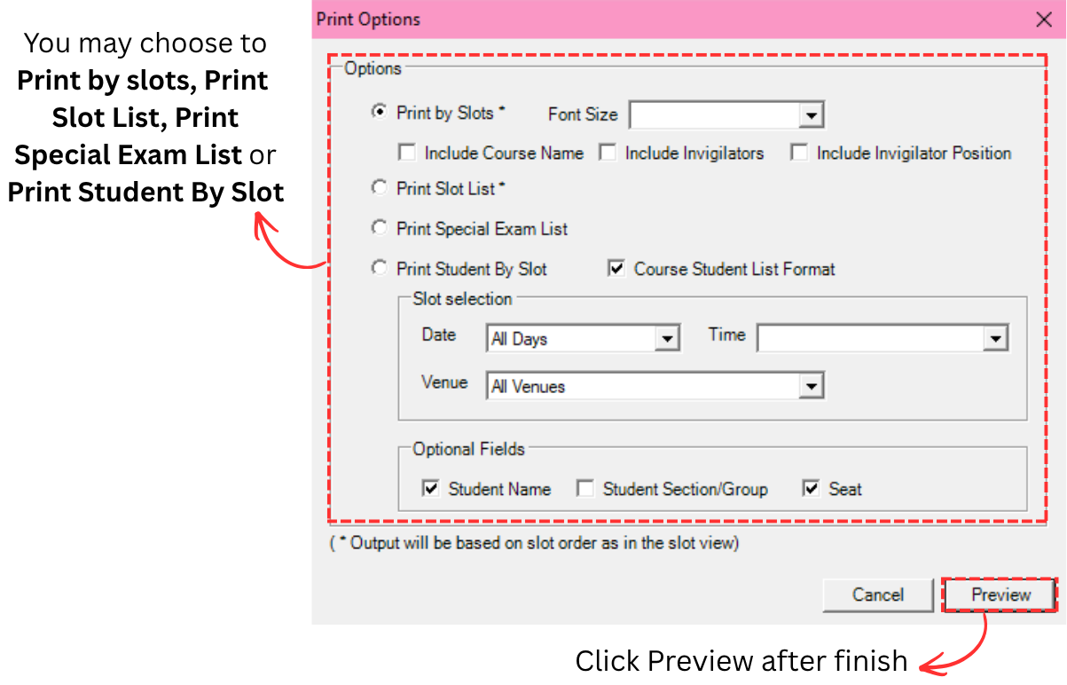 Print Preview Options window