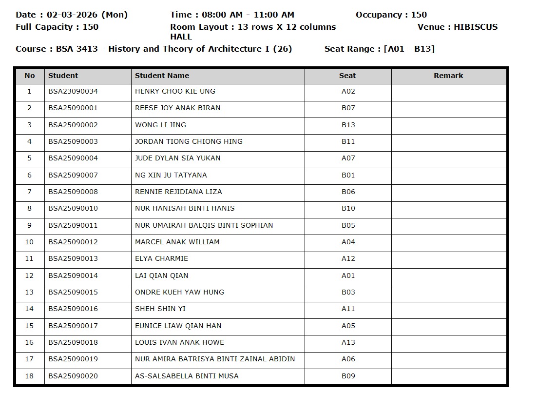 Print Slot preview result for Course-Student List