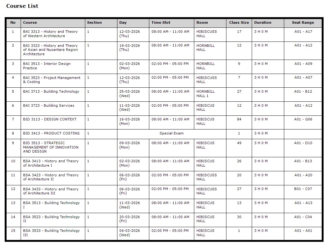 Print Preview result for Course List