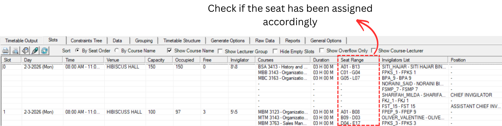 Slots Analyzation for Seating