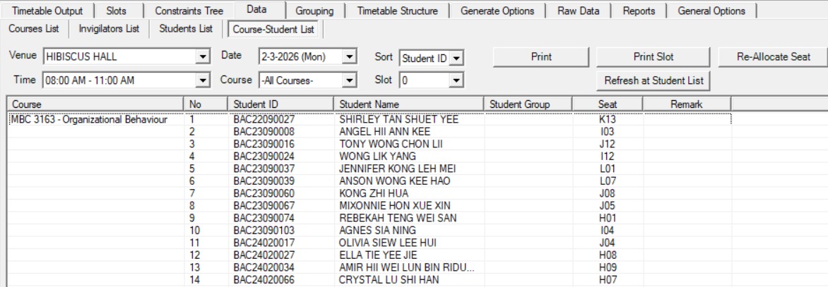 Course-Student List showing all students