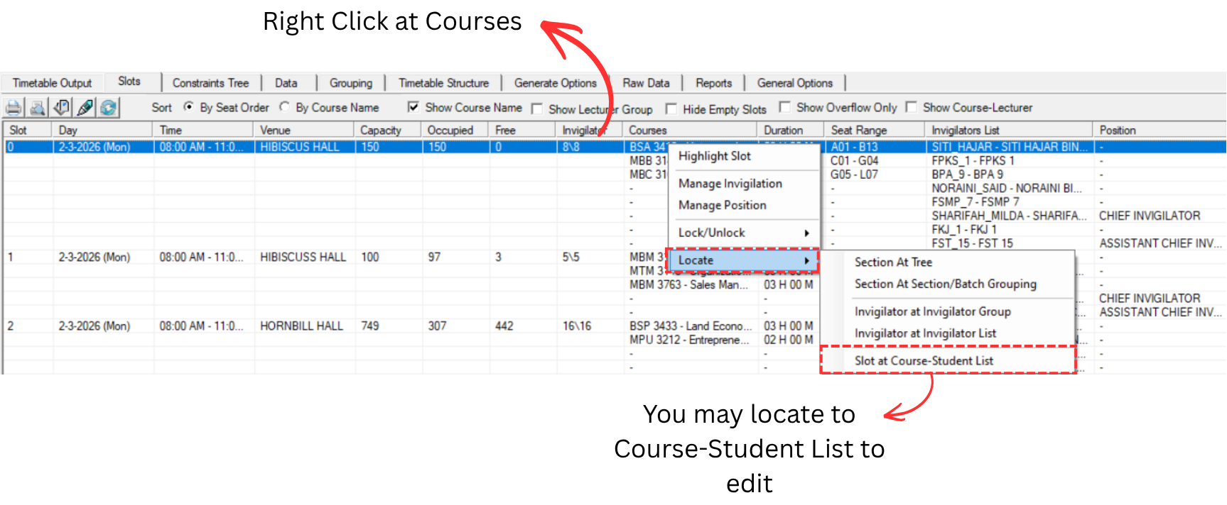 Locate Seat at Course-Student List