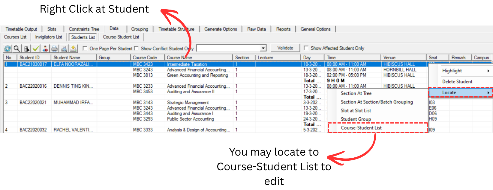 Locate Seat from Student List