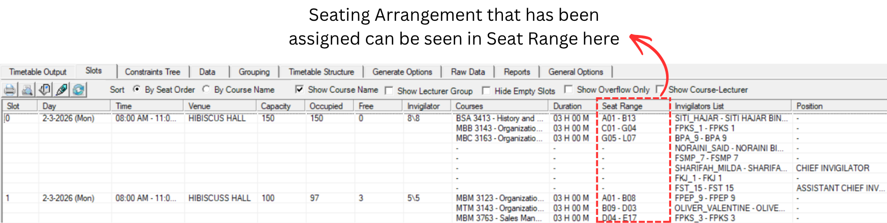 Slots showing Seat Range column