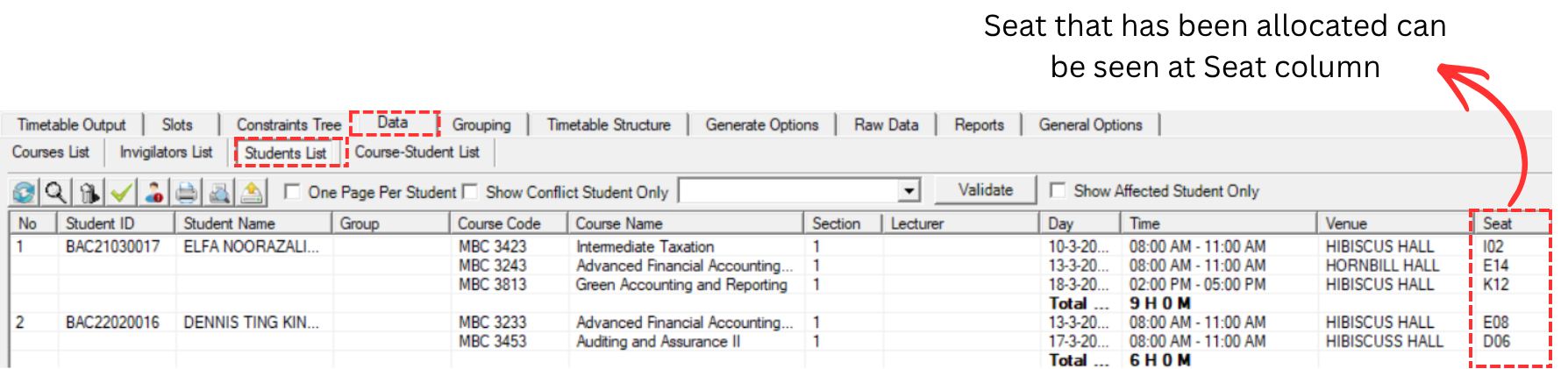 Student List showing Seat column