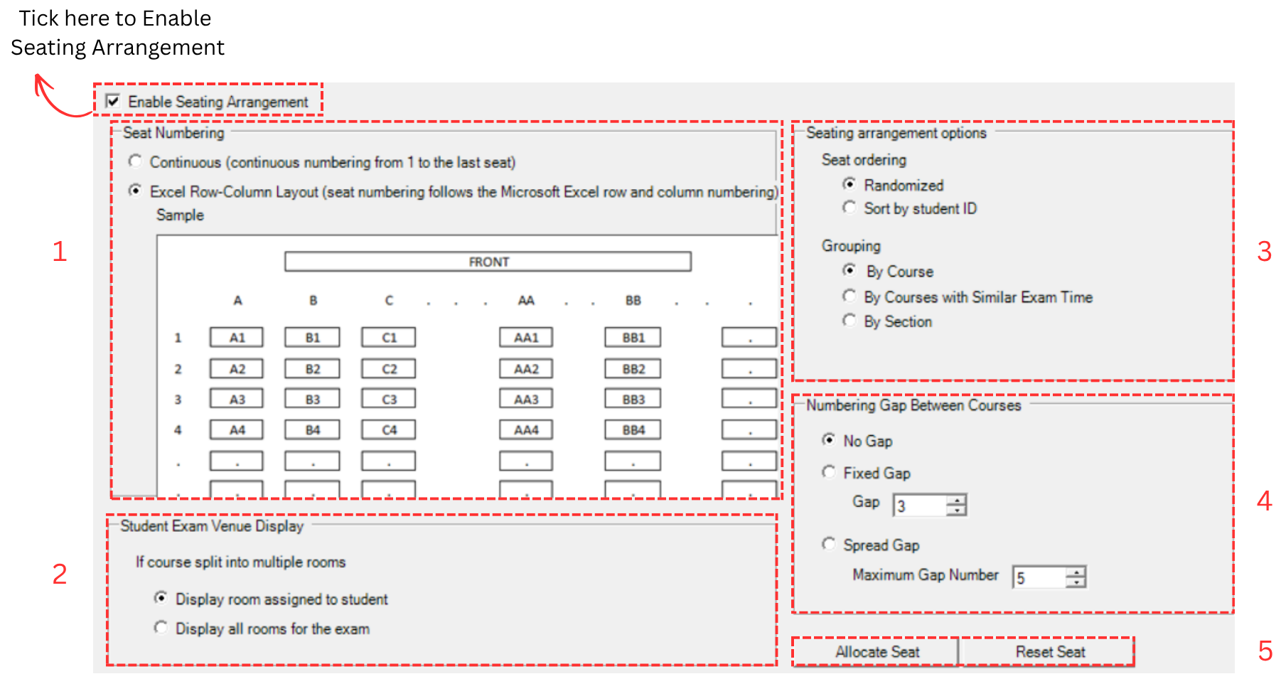 Seating Arrangement Window showing 5 areas
